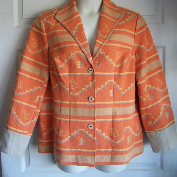 Coldwater Creek Blazer Orange Native American Print Three Button Long Sleeve - Picture 1 of 11